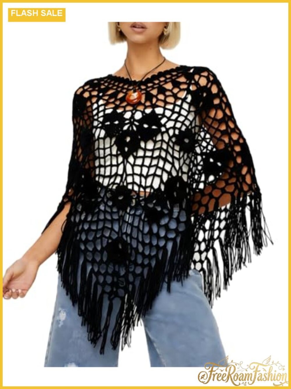 Women's Boho Fringe Poncho Crochet Hollow Out Asymmetrical Knit See Through